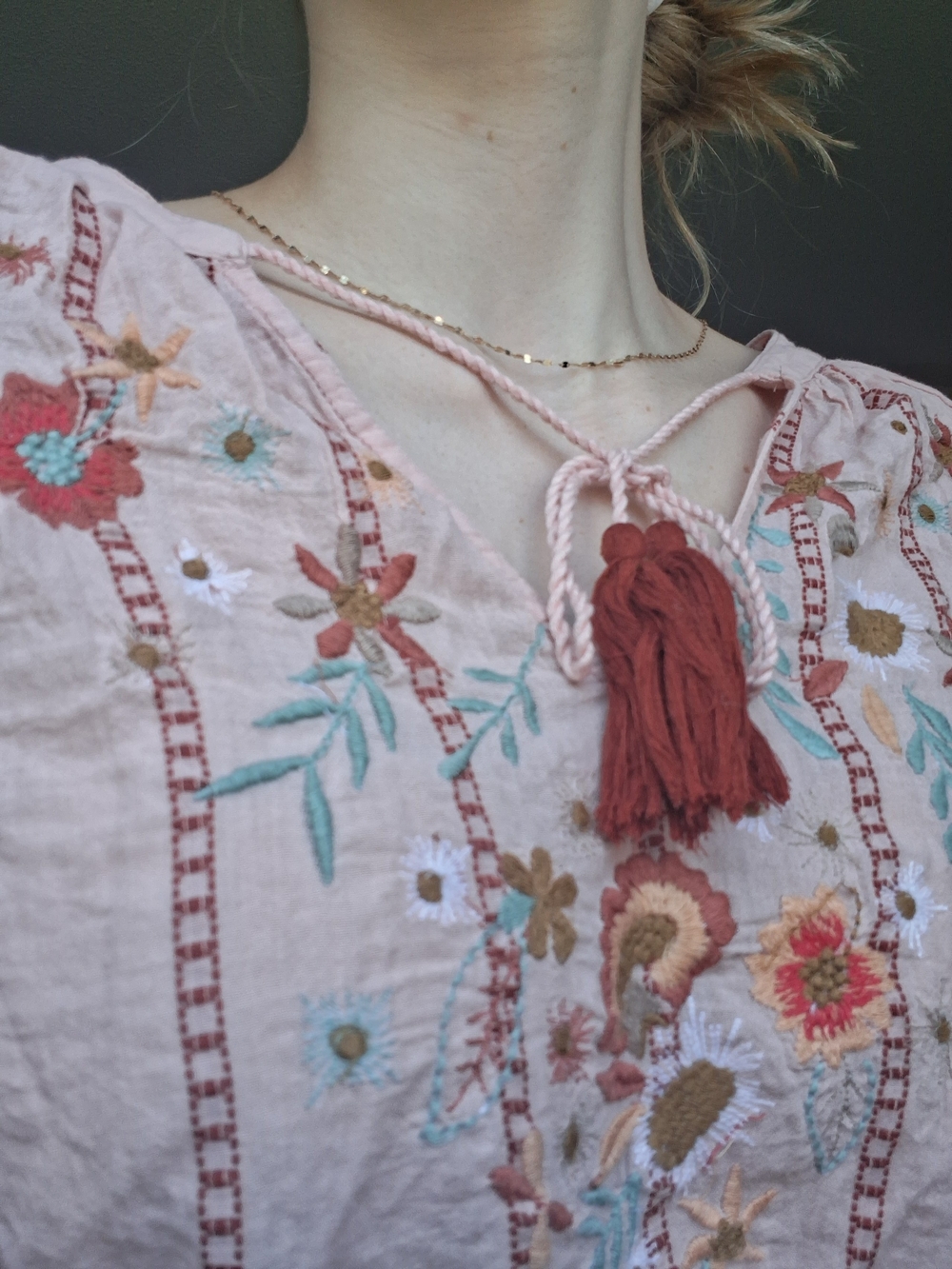Embroidered Pink Boho Tie-Neck Flowy Women's Top